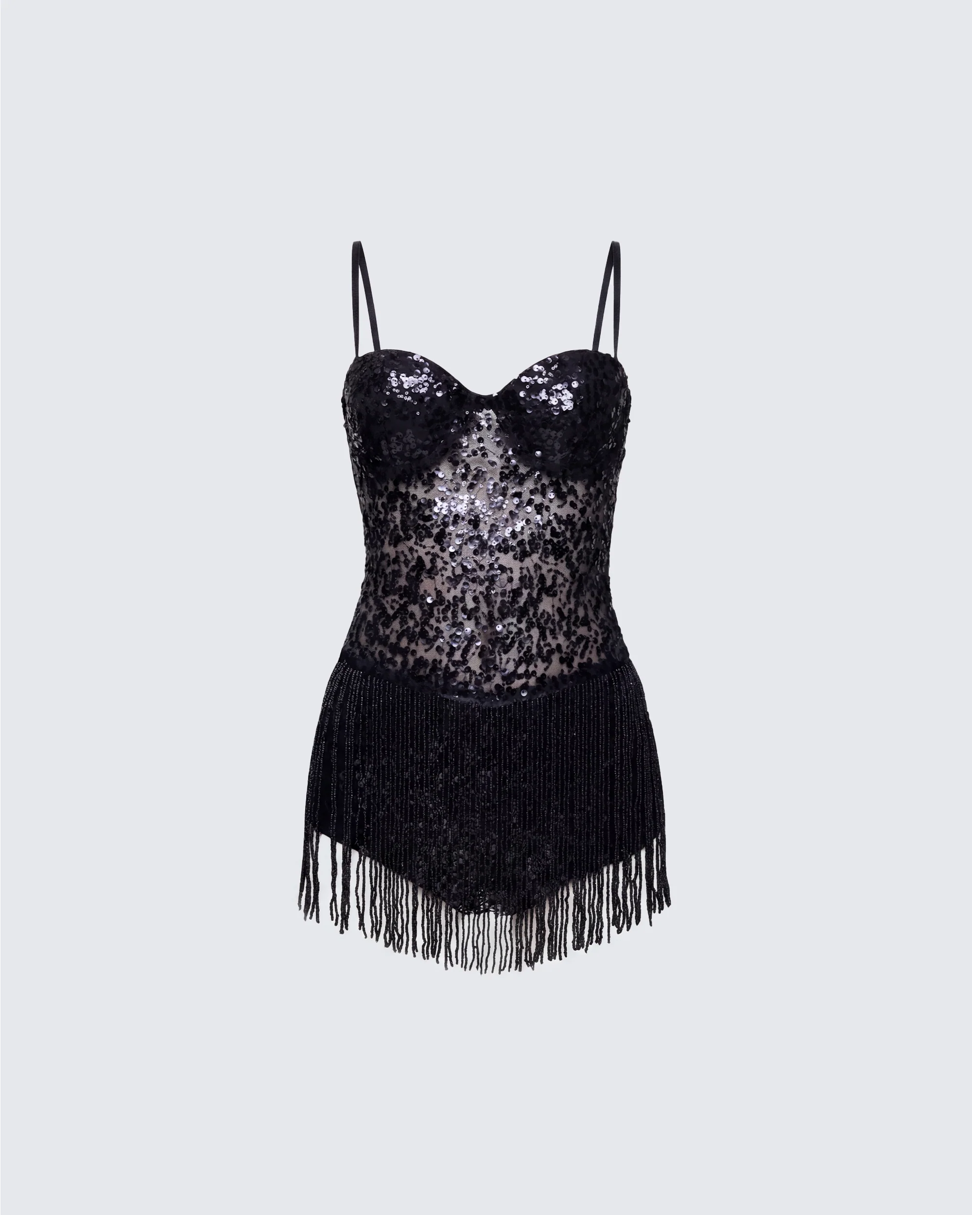 Andrina Black Sequin Fringe Romper
