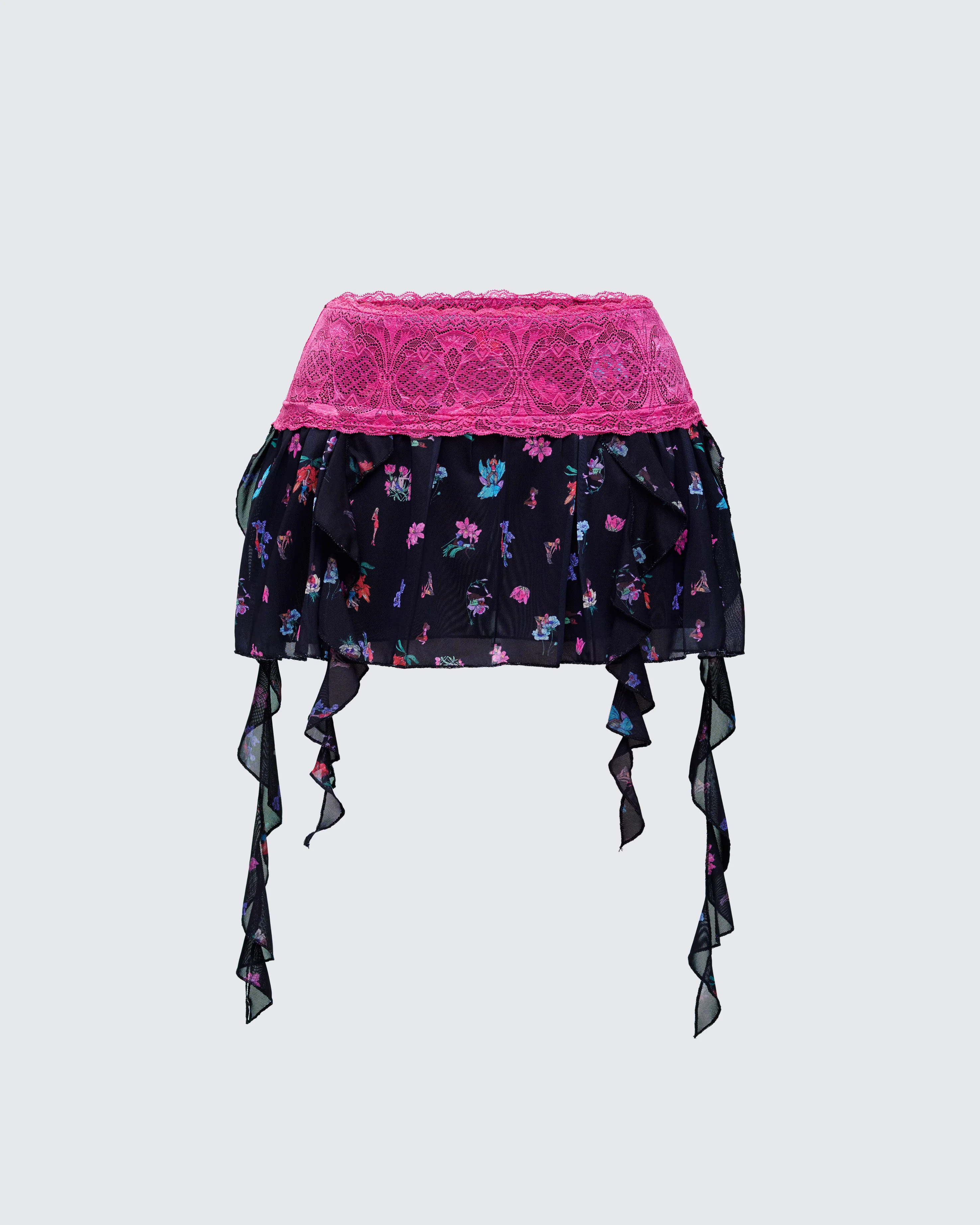 Aurelia Black Printed Mesh Ruffle Mini Skirt