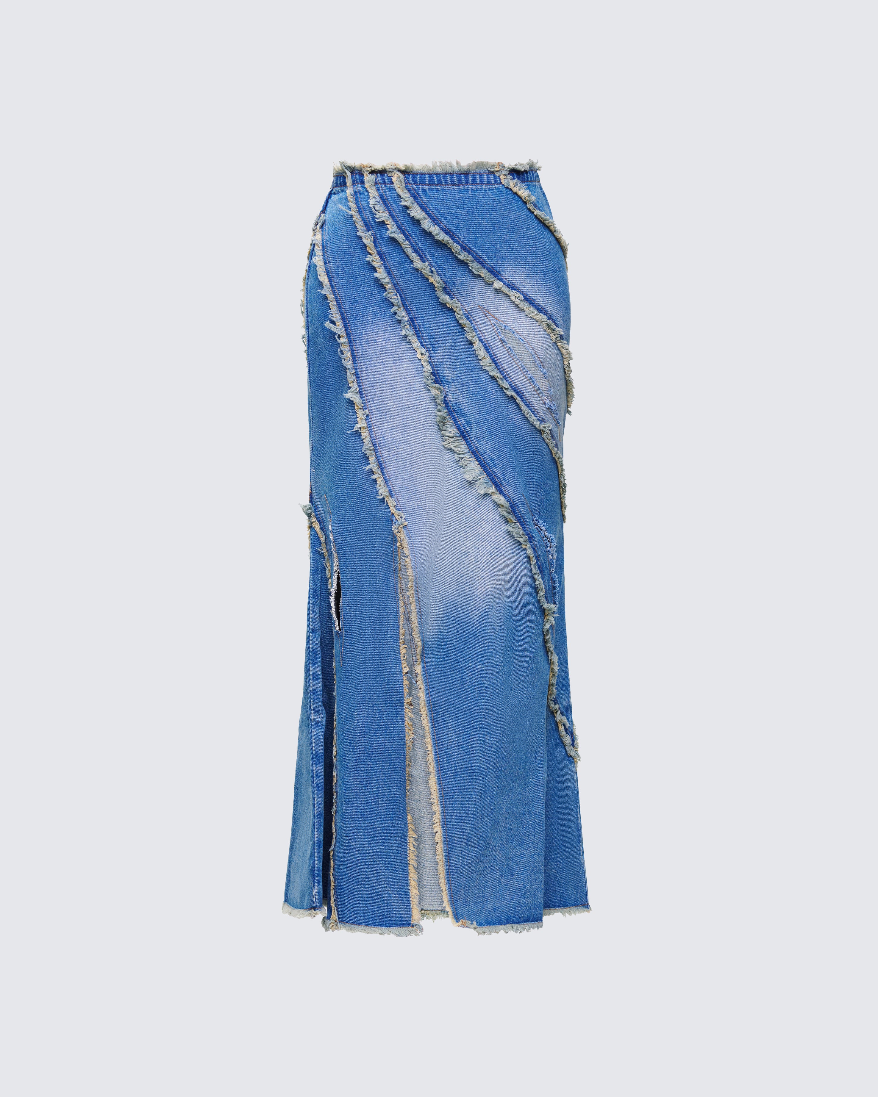 Briony Blue Denim Frayed Maxi Skirt