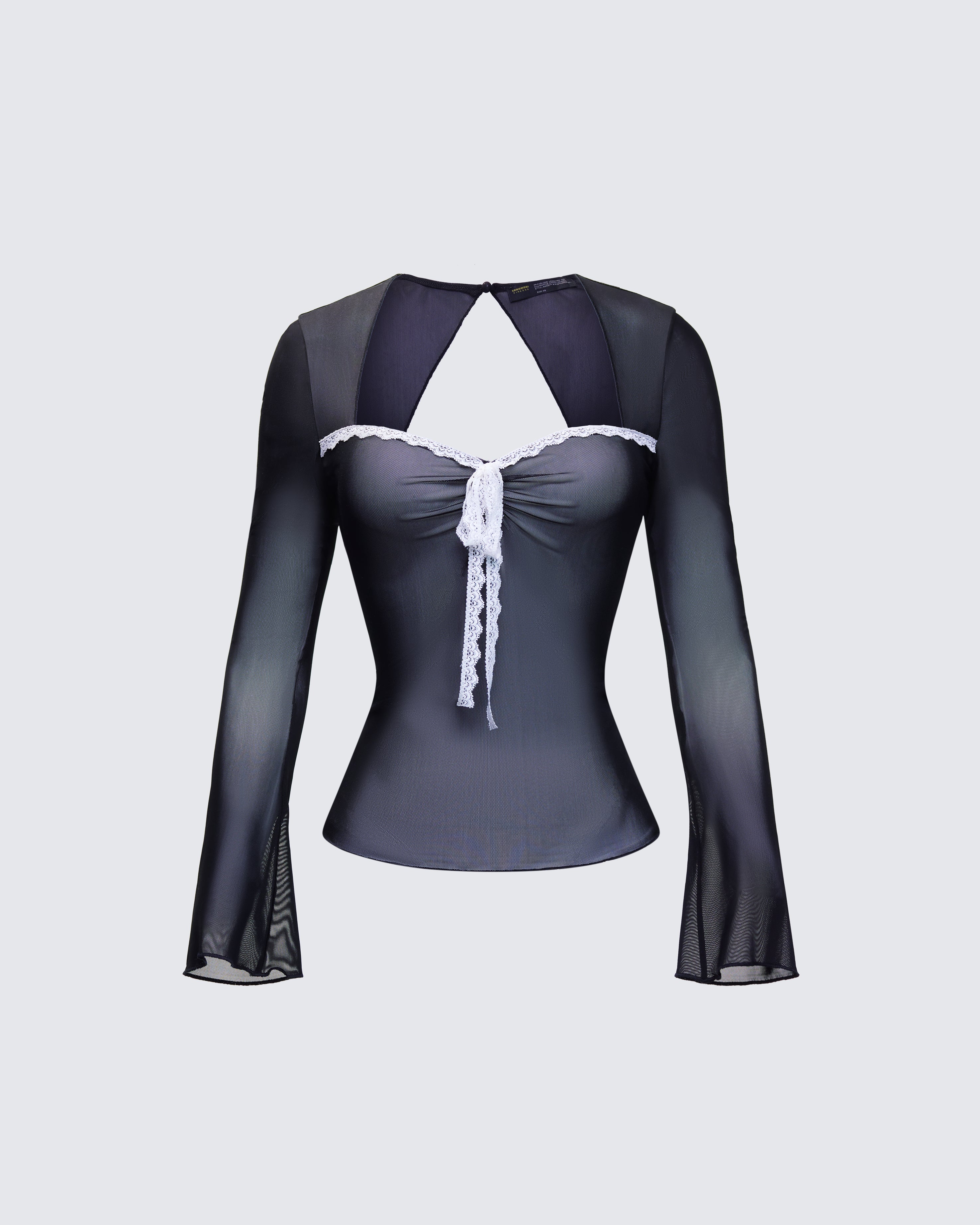 Damaris Black Long Sleeve Bow Trim Top